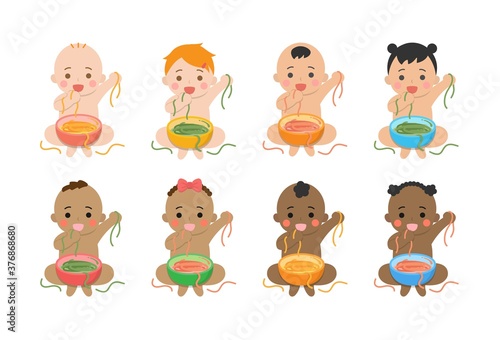 Cute baby daily illustration set, different races with skin color, grabbing baby noodles by hand to eat, dirty, cartoon vector illustration, set, set, isolated