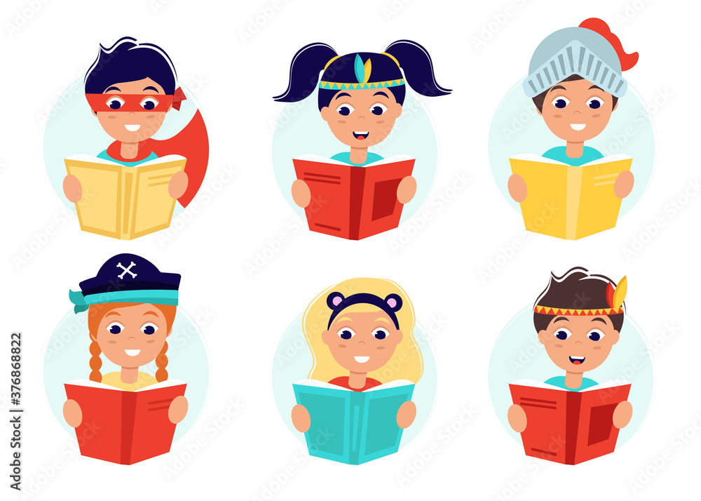 Children read books in the costumes of fairy tale characters. A set of cute boys and girls who love to read about pirates, superheros, cowboys, knights, Indians and animals. Vector illustration. Children read books in the costumes of fairy tale characters. A set of cute boys and girls who love to read about pirates, superheros, cowboys, knights, Indians and animals. Vector illustration.
