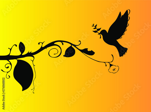Landscape design of a branch and flying pigeon on yellow and orange background - vector illustration