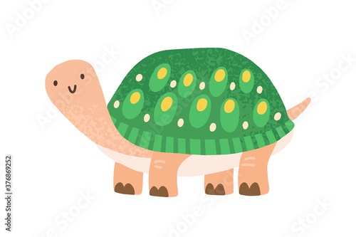 Cute childish turtle character in scandinavian style. Flat vector cartoon textured illustration of funny smiling tortoise. Friendly animal character isolated on white background