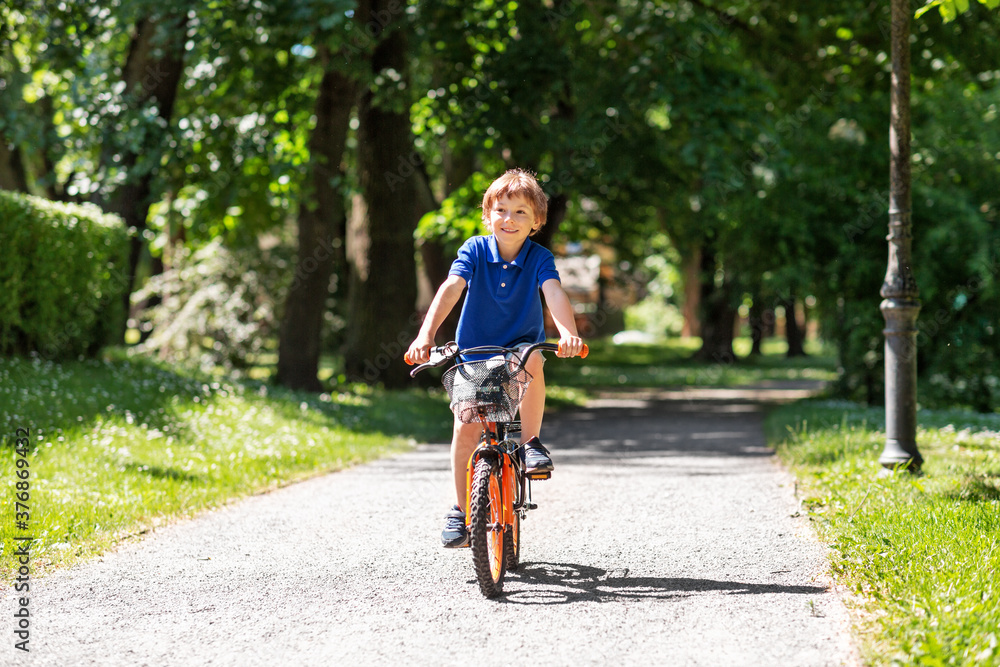 childhood, leisure and people - happy smiling little boy riding bicycle at summer park childhood, leisure and people - happy smiling little boy riding bicycle at summer park