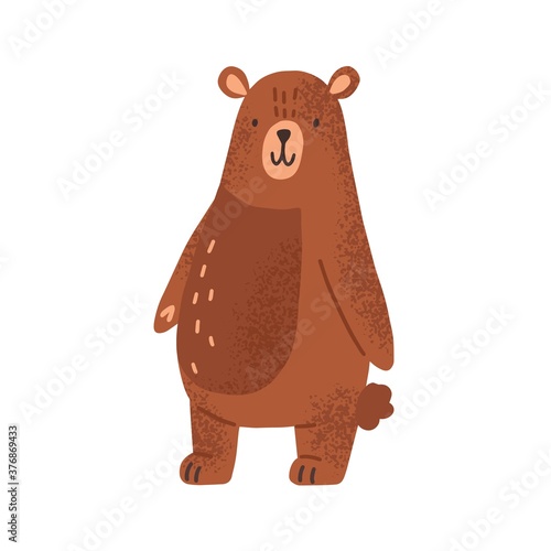 Cute childish animal character in simple style. Flat vector cartoon textured illustration of adorable smiling teddy bear toy isolated on white background