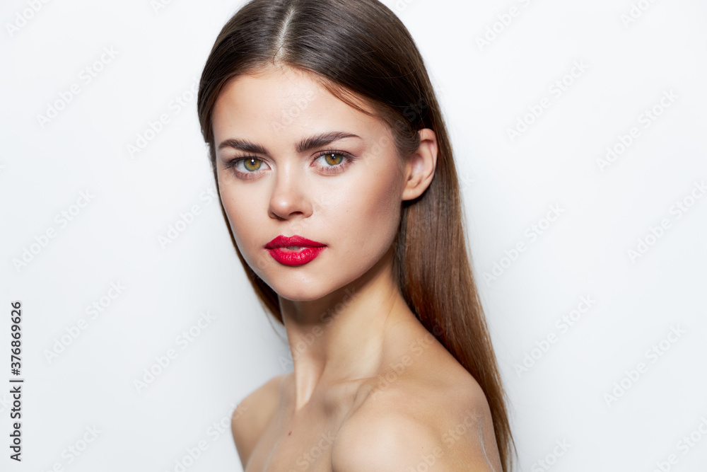 Woman portrait look ahead red lips attractive look model clear skin Woman portrait look ahead red lips attractive look model clear skin