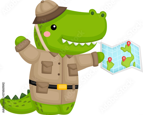 a cute crocodile in safari ranger costume