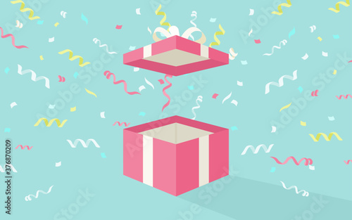 Opened pink gift box with confetti.
vector Illustration.