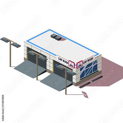 Car wash building in 3d.Car wash isometric illustration.Car wash building icon.Isolated car wash on a white background, there is a place for an inscription
