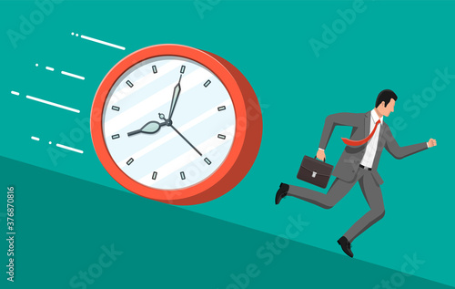 Businessman is running from big clock. Business man rushing hurry to get on time. Overwork, deadline, savings, bank deposit, future income, money benefit. Time is money. Flat vector illustration