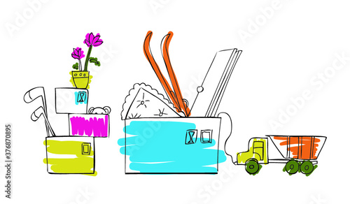 Vector illustration with the collected things in boxes