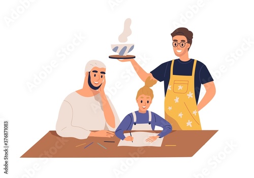 Happy homosexual family spending time together vector flat cartoon illustration. Father bring hot dinner to daughter isolated on white. Little girl drawing picture with male parents
