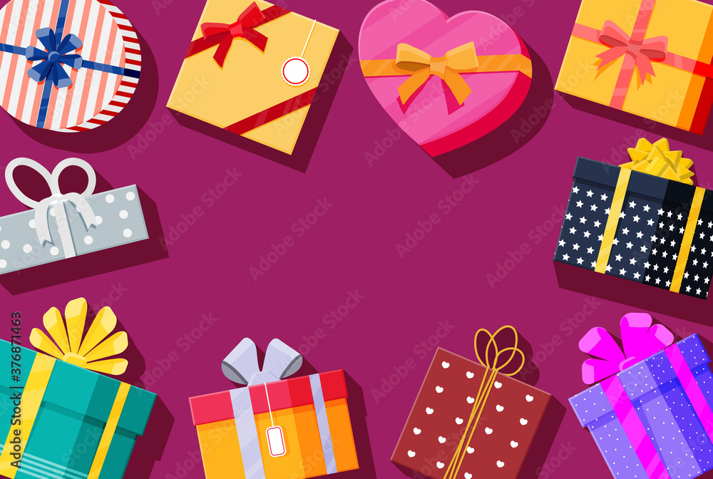 Set of gift boxes on red background. Colorful wrapped. Sale, shopping. Present boxes different sizes with bows and ribbons. Collection for birthday and holiday. Vector illustration in flat style Set of gift boxes on red background. Colorful wrapped. Sale, shopping. Present boxes different sizes with bows and ribbons. Collection for birthday and holiday. Vector illustration in flat style