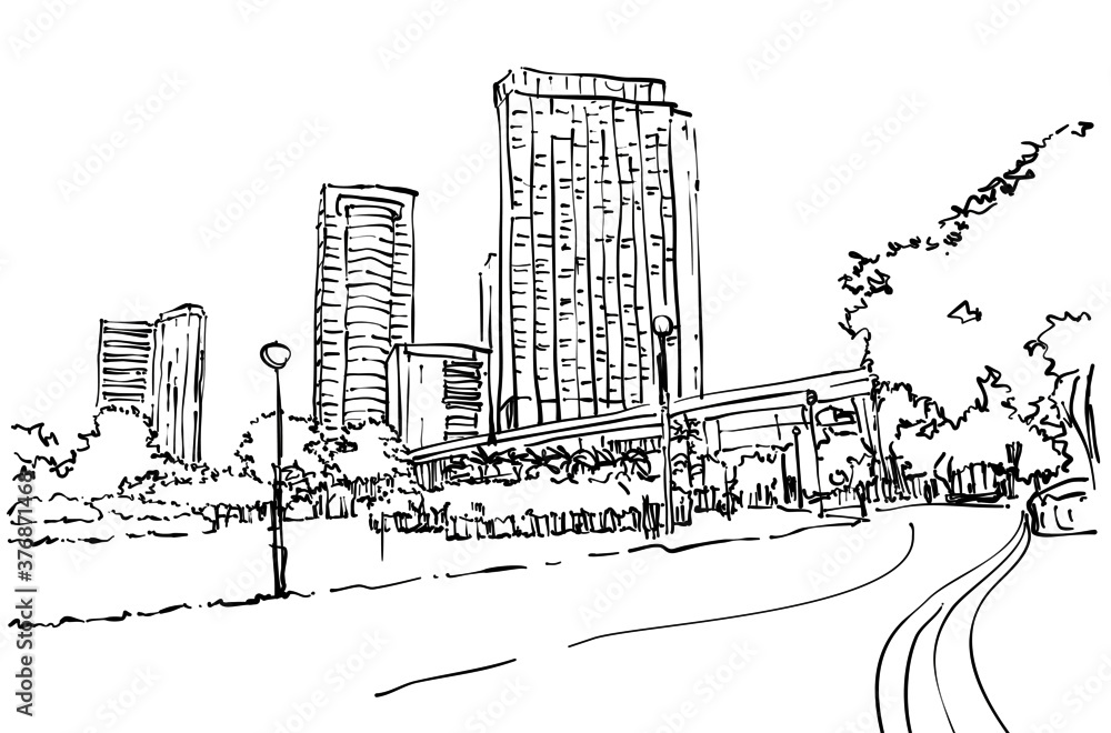 Sketch Bangkok street view with City Building vector.