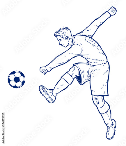 Hand drawn illustration of a football player who shooting a ball. 