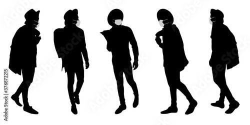 Vector concept conceptual  silhouette men talking while social distancing as means of prevention and protection against coronavirus contamination. A metaphor for the new normal.