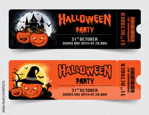 Halloween night party background with full Moon, Halloween tickets with pumpkins