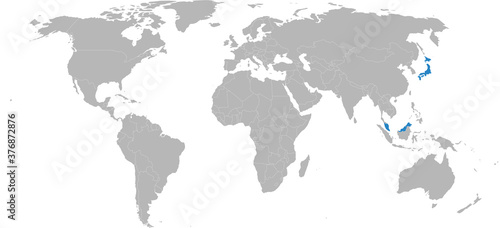 Japan  Malaysia countries isolated on world map. Maps and Backgrounds.