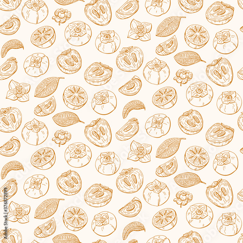 Persimmon  flowers and leaves pattern. Organic food  vector doodle hand drawn sketch style illustrations collection isolated on white background. 