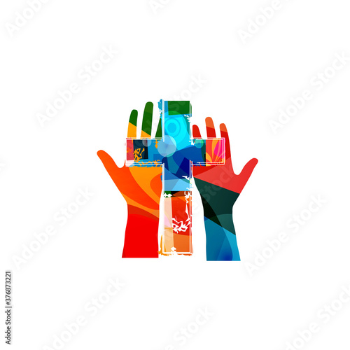 Colorful christian cross with human hands isolated vector illustration. Religion themed background. Design for Christianity, church charity, help and support, prayer and care