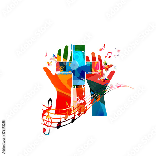 Papier peint Colorful christian cross with hands and music notes isolated vector illustration