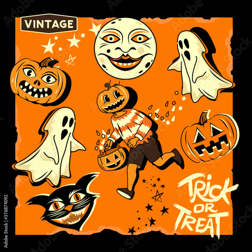 A vintage collection of halloween characters and decorations. Vector illustration.