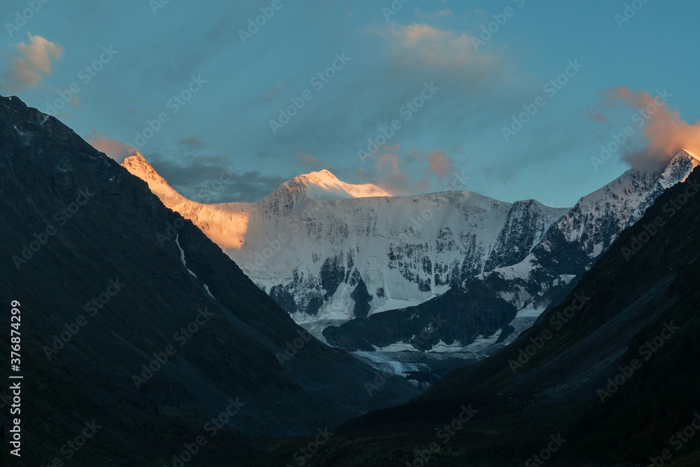 Plakat Glacier on Mount Belukha in the rays of the setting sun. Mountain Altai.