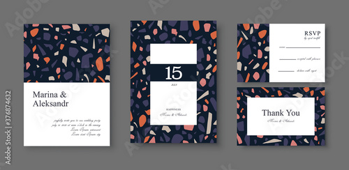 Greeting card or wedding invitation, template design with colorful venetian terrazzo flooring, surface imitation with marble pieces, modern abstract pattern. Social media post design template.
