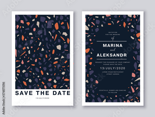Save the date wedding invitation cards template design with colorful venetian terrazzo flooring, surface imitation with marble pieces, modern abstract pattern. Social media post design template.
