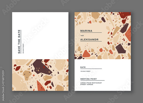 Minimalist postcards with terrazzo flooring texture in restrained colors. Realistic marble texture. Greeting cards, posters, banners for online and offline stores. Feel free to use place for text.