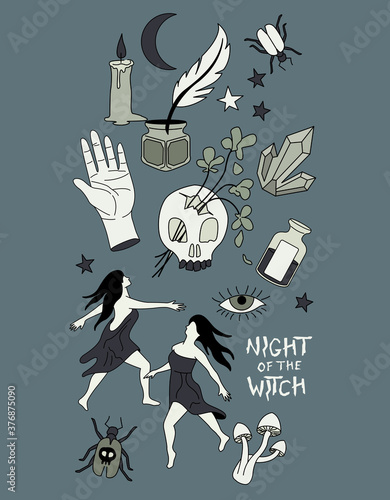 Dancing witches and witchcraft objects including candles, potions crystals and dancing witches. Vector illustration.