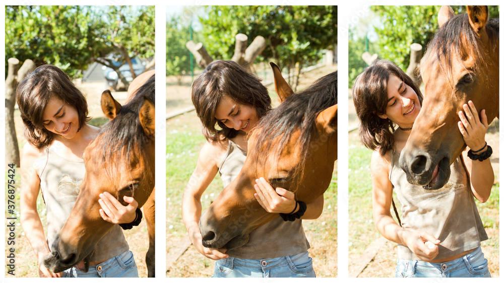 Three photos of a girl with dreadlocks stroking her brown horse.