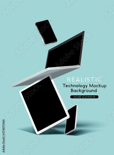 Realistic vector illustration of mobile business technology devices including a tablet, laptop and smartphones. Stacked and floating composition. photo
