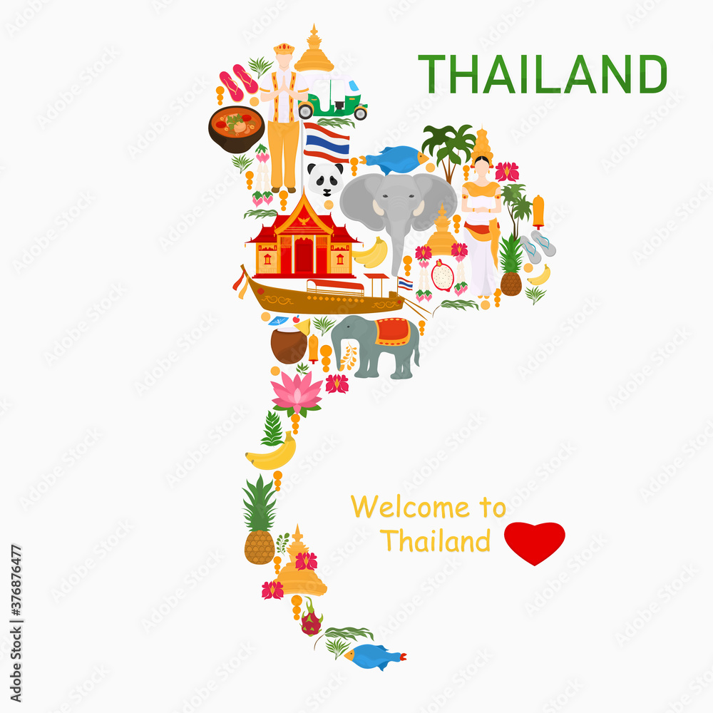 Thailand map with national symbols. Travel to Thailand. Traditional architecture. 素材庫向量圖 Adobe