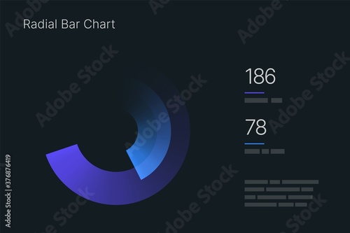 Radial Bar Chart. Elements of infographics on a dark background. Use in presentation templates, mobile app and corporate report. Dashboard UI and UX Kit.
