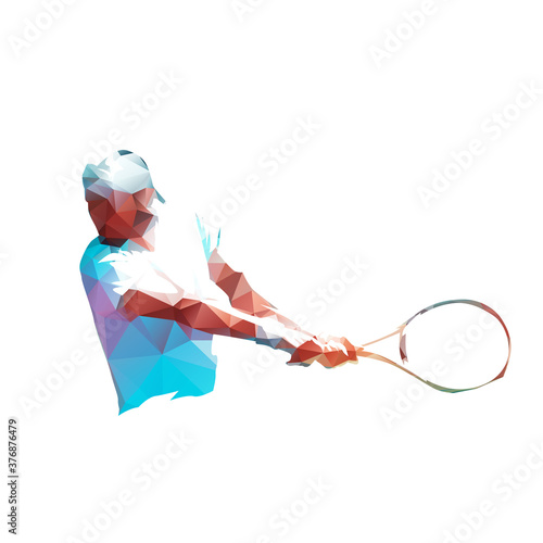 Tennis player, backhand shot. Abstract low polygonal isolated vector illustration. Geometric tennis logo from triangles