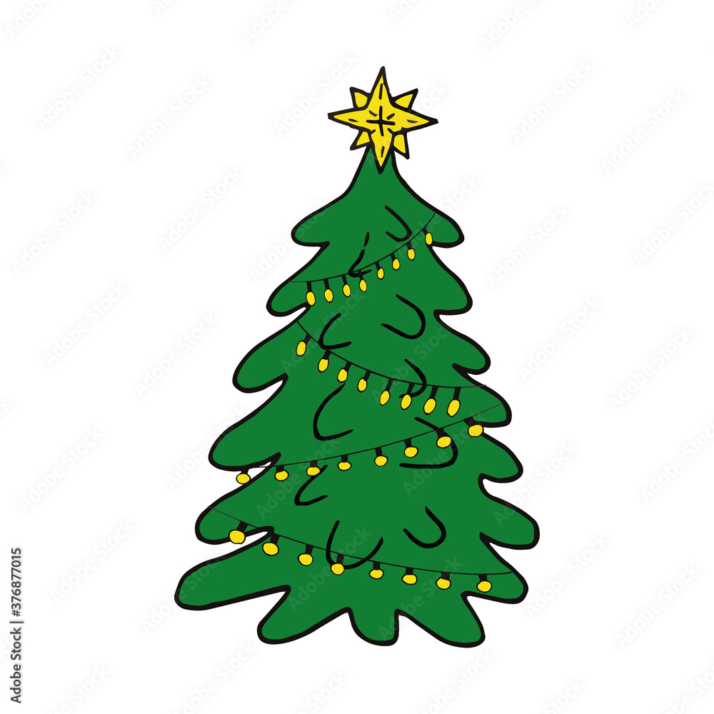 Christmas tree with star and garlands of light bulbs hand drawn doodle. single element for design icon, sticker, card, poster. minimalism, new year, holiday, party, lights, decorations, cute Christmas tree with star and garlands of light bulbs hand drawn doodle. single element for design icon, sticker, card, poster. minimalism, new year, holiday, party, lights, decorations, cute
