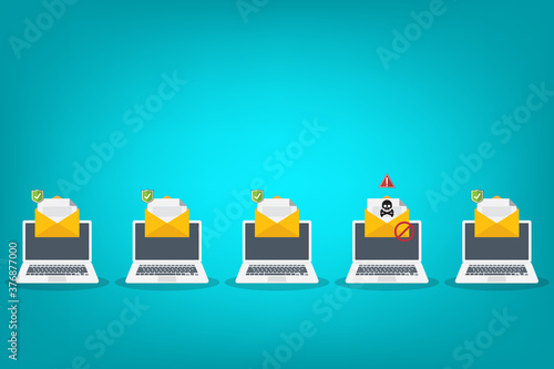 Laptop email / envelope with black document and skull icon. Virus, malware, email fraud, e-mail spam, phishing scam, hacker attack concept. Vector illustration	
