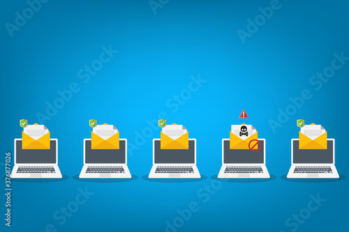 Laptop email / envelope with black document and skull icon. Virus, malware, email fraud, e-mail spam, phishing scam, hacker attack concept. Vector illustration	