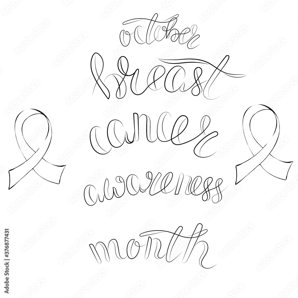  lettering October breast cancer awareness month with ribbons, outline, print for textile, paper design, raster copy
