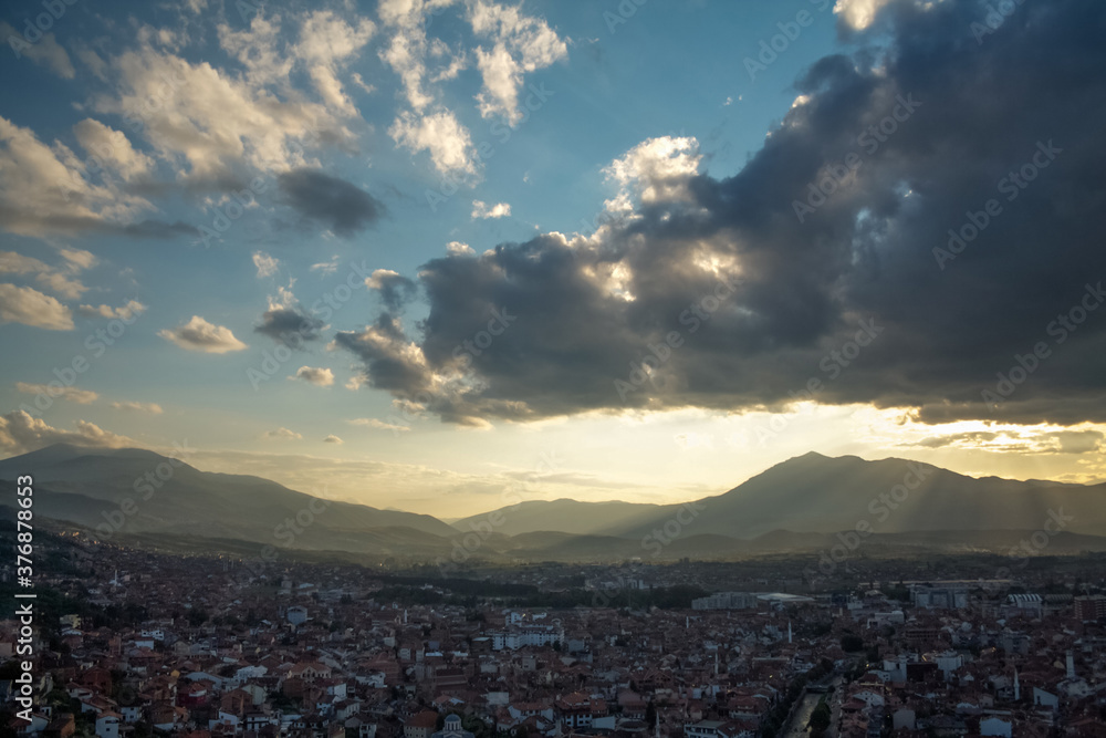 Panorama of the city center of Prizren, Kosovo, with minarets of Mosques and the Bistrica River. Prizren is the second biggest city of Kosovo and a major ottoman architecture and cultural landmark