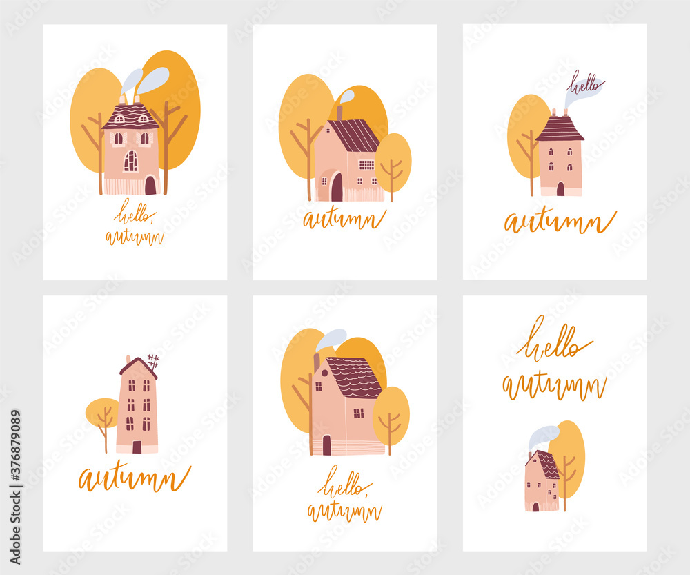 Vector set of cute little houses for autumn poster