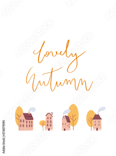 Vector autumns tiny cozy houses postcard.