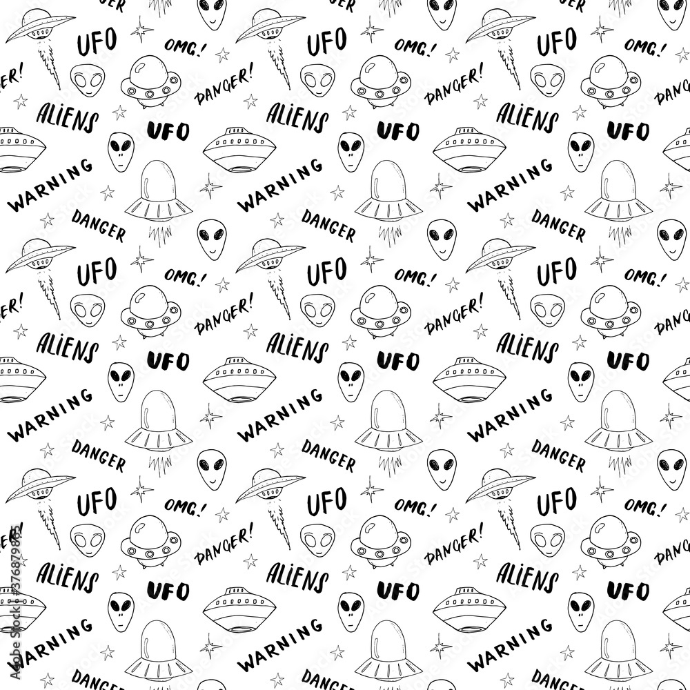 Obraz premium Ufo and aliens Seamless pattern. Cute Doodles space ships sketch. Hand drawn Cartoon Vector illustration