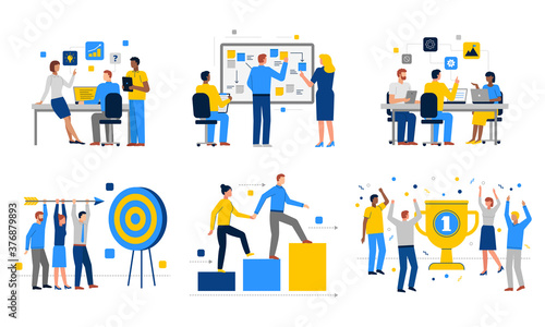 Teamwork illustrations set in flat vector, career growth, success