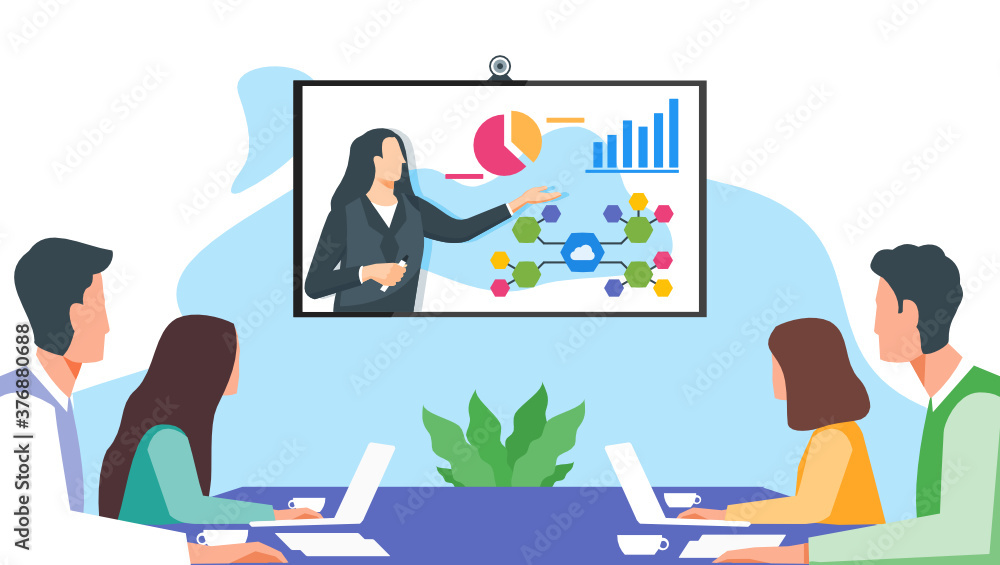 Online Presentation. Businesswoman Present Invesment to Potential Client or Senior Worker Explain Data Analysis to Employee via Virtual Remote Meetings TV Video Web Conference or Live Stream Webinar. Online Presentation. Businesswoman Present Invesment to Potential Client or Senior Worker Explain Data Analysis to Employee via Virtual Remote Meetings TV Video Web Conference or Live Stream Webinar.