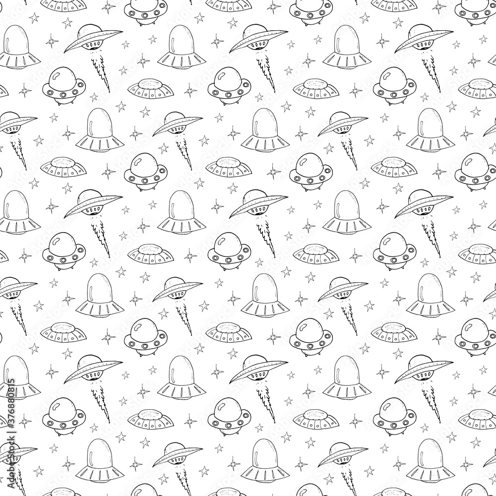 Ufo and aliens Seamless pattern. Cute Doodles space ships sketch. Hand drawn Cartoon Vector illustration Ufo and aliens Seamless pattern. Cute Doodles space ships sketch. Hand drawn Cartoon Vector illustration