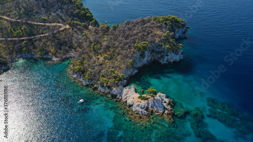 Aerial drone photo of tropical exotic bay with turquoise rocky seascape in Caribbean destination island