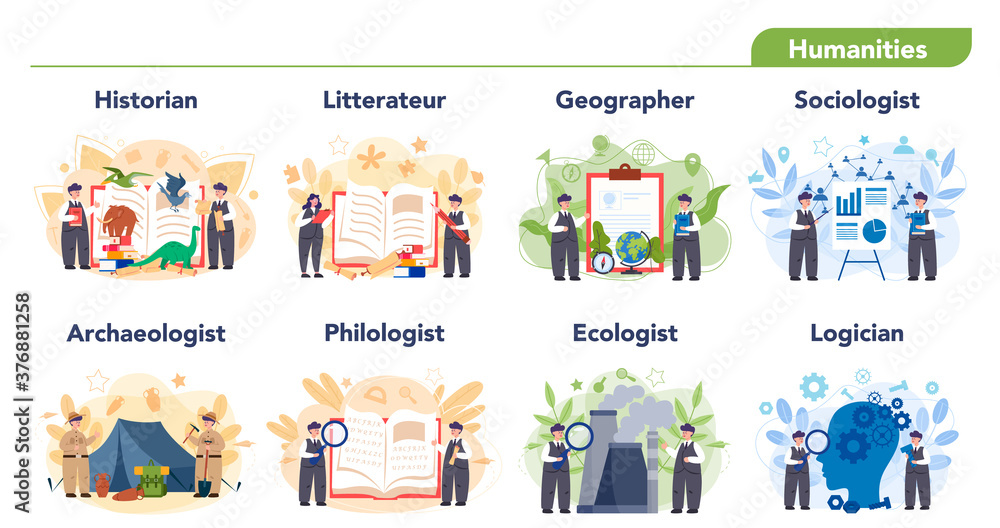 Humanitarian scientist profession set illustration. Idea of scientific