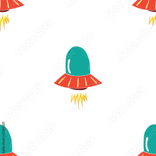 Ufo and aliens Seamless pattern. Cute Doodles space ships sketch. Hand drawn Cartoon Vector illustration