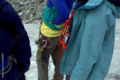 Climbers at the training camp. Climbers train to walk in crampons on the glacier.