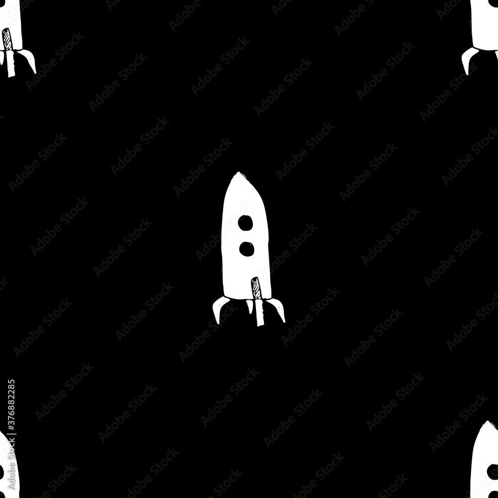 Rocket Seamless pattern. Cute Doodles space ships sketch. Hand drawn Cartoon Vector illustration