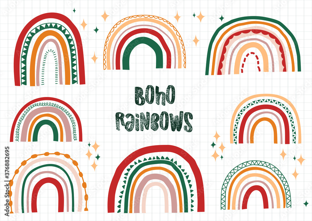 Boho rainbows hand drawn vector set. Modern hippie style rainbows vector. - obrazy, fototapety, plakaty 